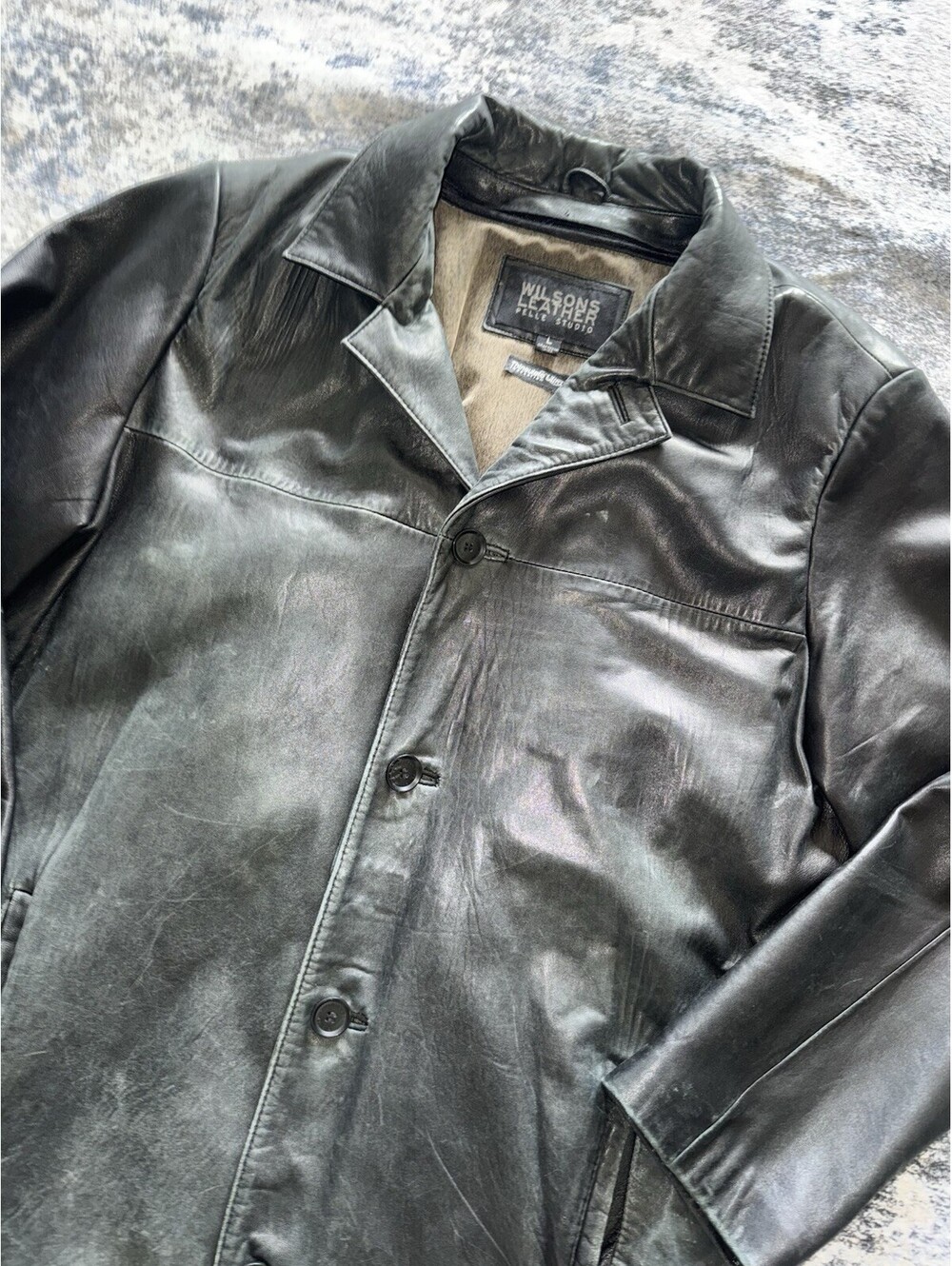 Wilsons Leather Pelle Studio Mens L Black Leather Car Coat Thinsulate Lined